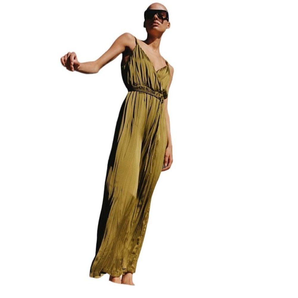 ZARA CRUMPED SATIN JUMPSUIT OLIVE OIL COLOR SIZES S - XS | 9878/161